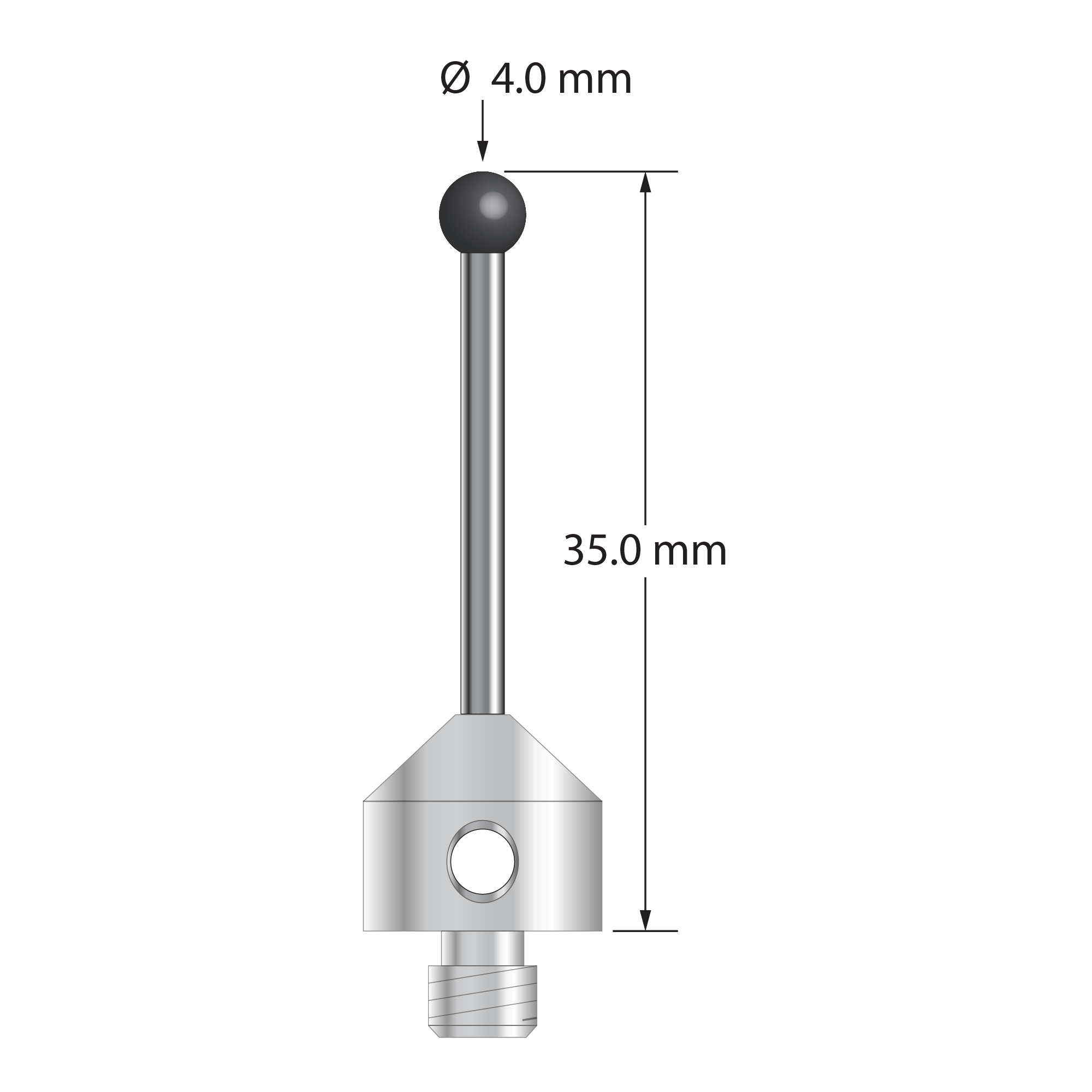 M5 stylus with 4.0 mm diameter silicon nitride ball, 2.0 mm diameter carbide stem, and 11.0 mm diameter x 10.0 mm long stainless steel base. Overall stylus length is 35.0 mm. Stylus weight is 6.86 grams. Compare to Zeiss 626105-0405-035.