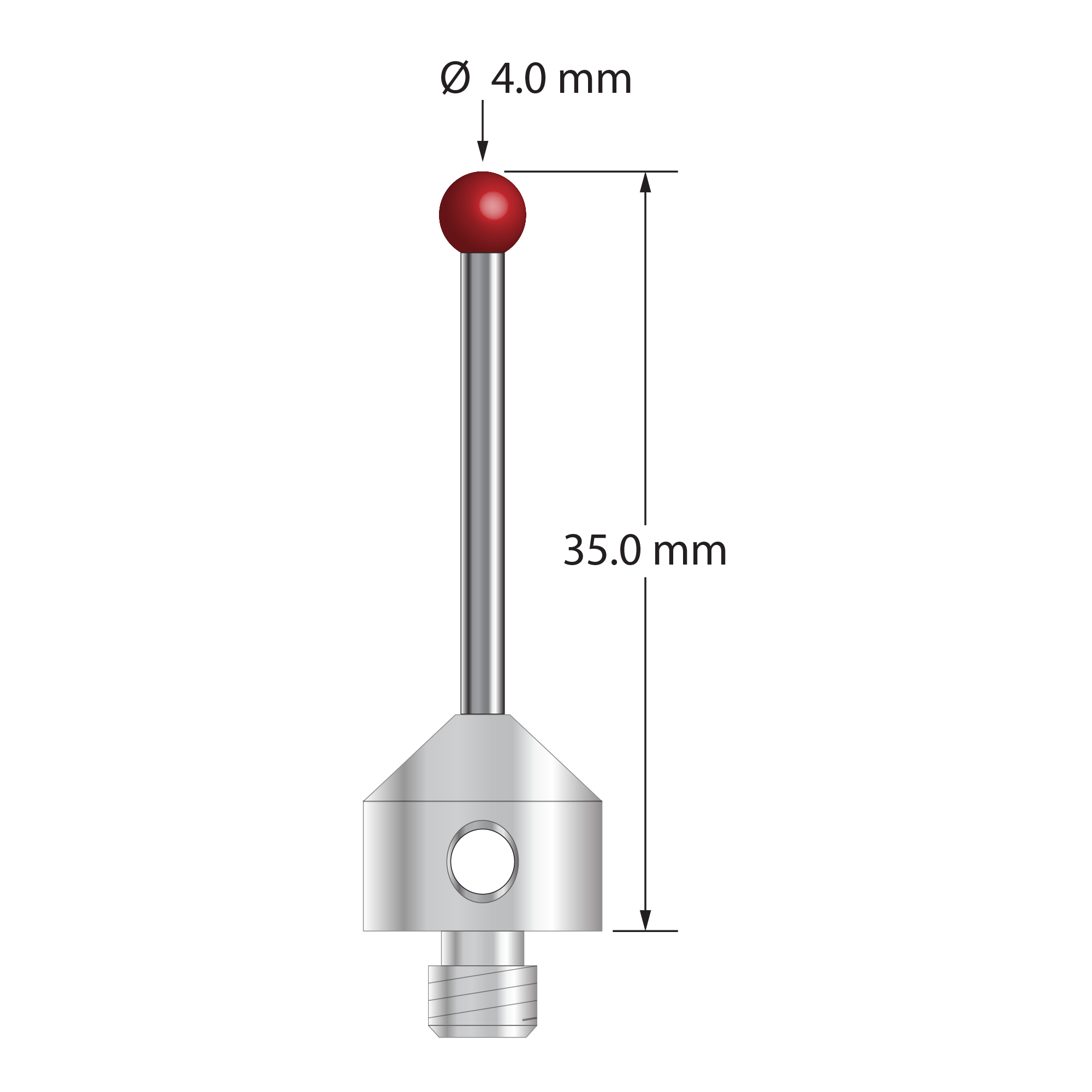 M5 stylus with 4.0 mm diameter ruby ball, 2.0 mm diameter carbide stem, and 11.0 mm diameter x 10.0 mm long stainless steel base. Overall stylus length is 35.0 mm. Stylus weight is 6.86 grams. Compare to Zeiss 626115-0400-035.