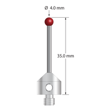 M5 stylus with 4.0 mm diameter ruby ball, 2.0 mm diameter carbide stem, and 11.0 mm diameter x 10.0 mm long stainless steel base. Overall stylus length is 35.0 mm. Stylus weight is 6.86 grams. Compare to Zeiss 626115-0400-035.