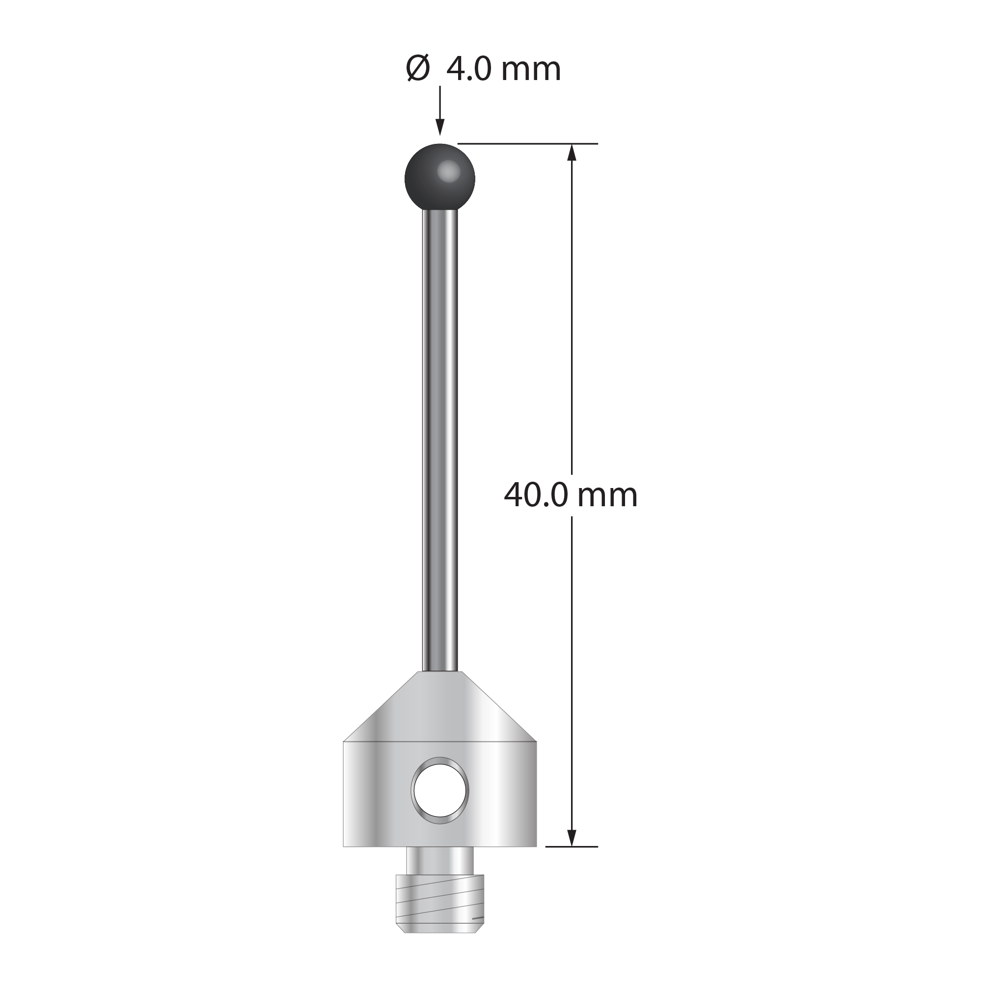 M5 stylus with 4.0 mm diameter silicon nitride ball, 2.0 mm diameter carbide stem, and 11.0 mm diameter x 10.0 mm long stainless steel base. Overall stylus length is 40.0 mm. Stylus weight is 7.08 grams. Compare to Zeiss 626115-0401-040.