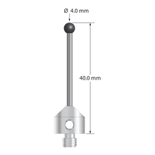 M5 stylus with 4.0 mm diameter silicon nitride ball, 2.0 mm diameter carbide stem, and 11.0 mm diameter x 10.0 mm long stainless steel base. Overall stylus length is 40.0 mm. Stylus weight is 7.08 grams. Compare to Zeiss 626115-0401-040.