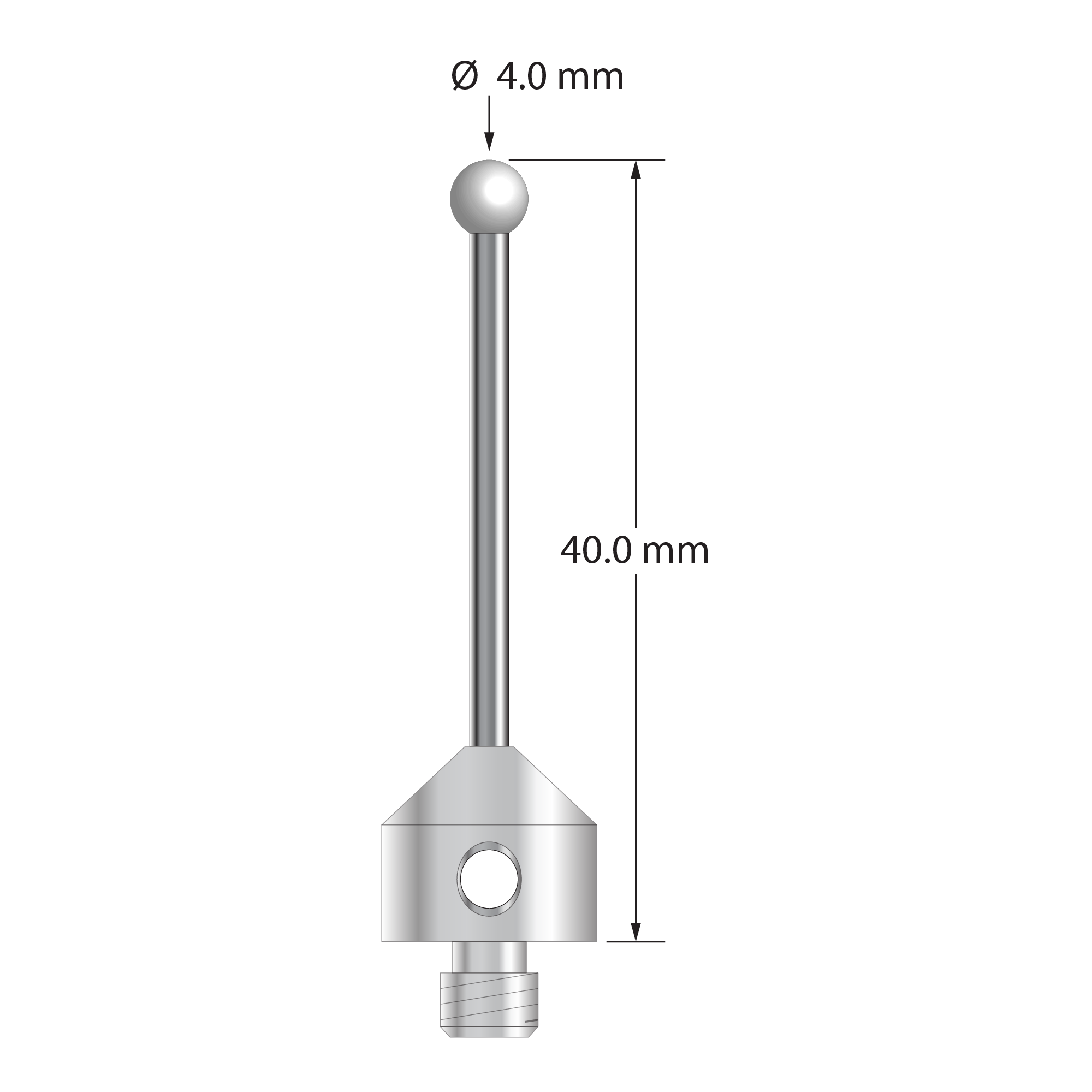 M5 stylus with 4.0 mm diameter zirconia ball, 2.0 mm diameter carbide stem, and 11.0 mm diameter x 10.0 mm long stainless steel base. Overall stylus length is 40.0 mm. Stylus weight is 7.08 grams.
