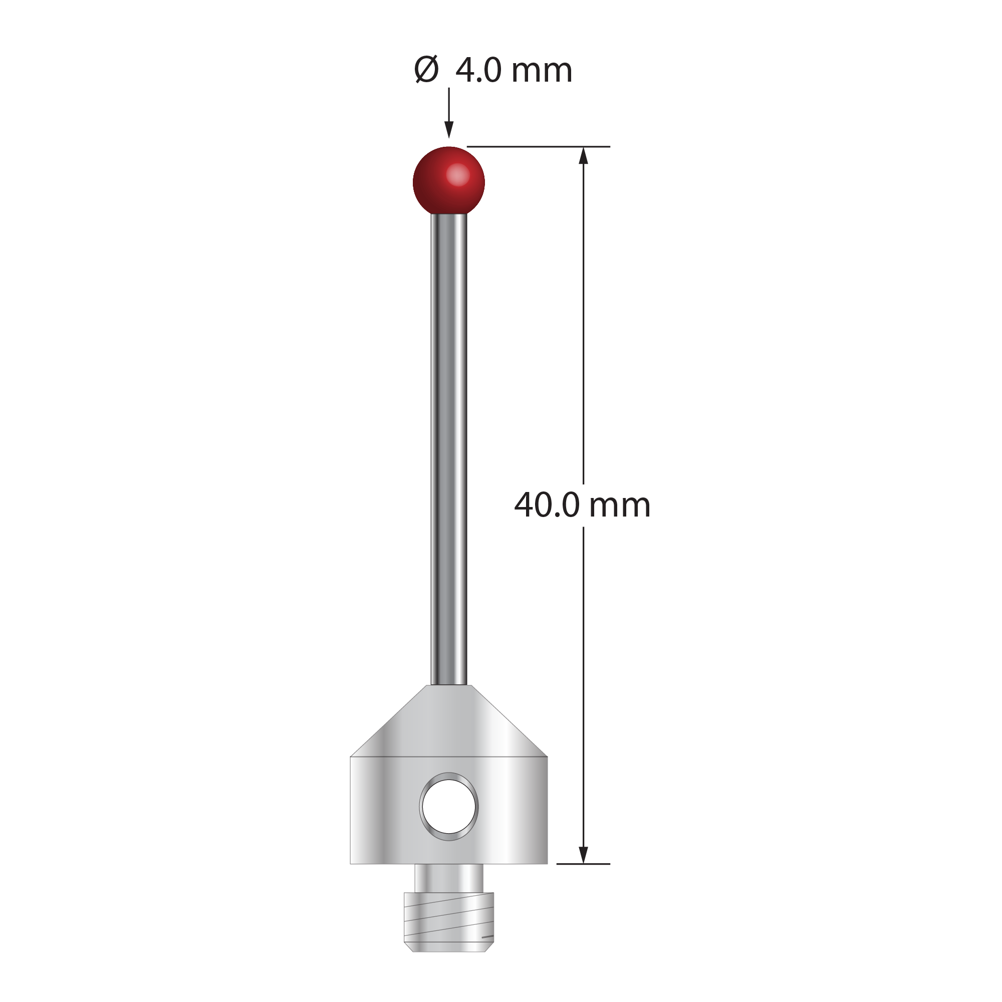 M5 stylus with 4.0 mm diameter ruby ball, 2.0 mm diameter carbide stem, and 11.0 mm diameter x 10.0 mm long stainless steel base. Overall stylus length is 40.0 mm. Stylus weight is 7.08 grams. Compare to Zeiss 626115-0400-040.