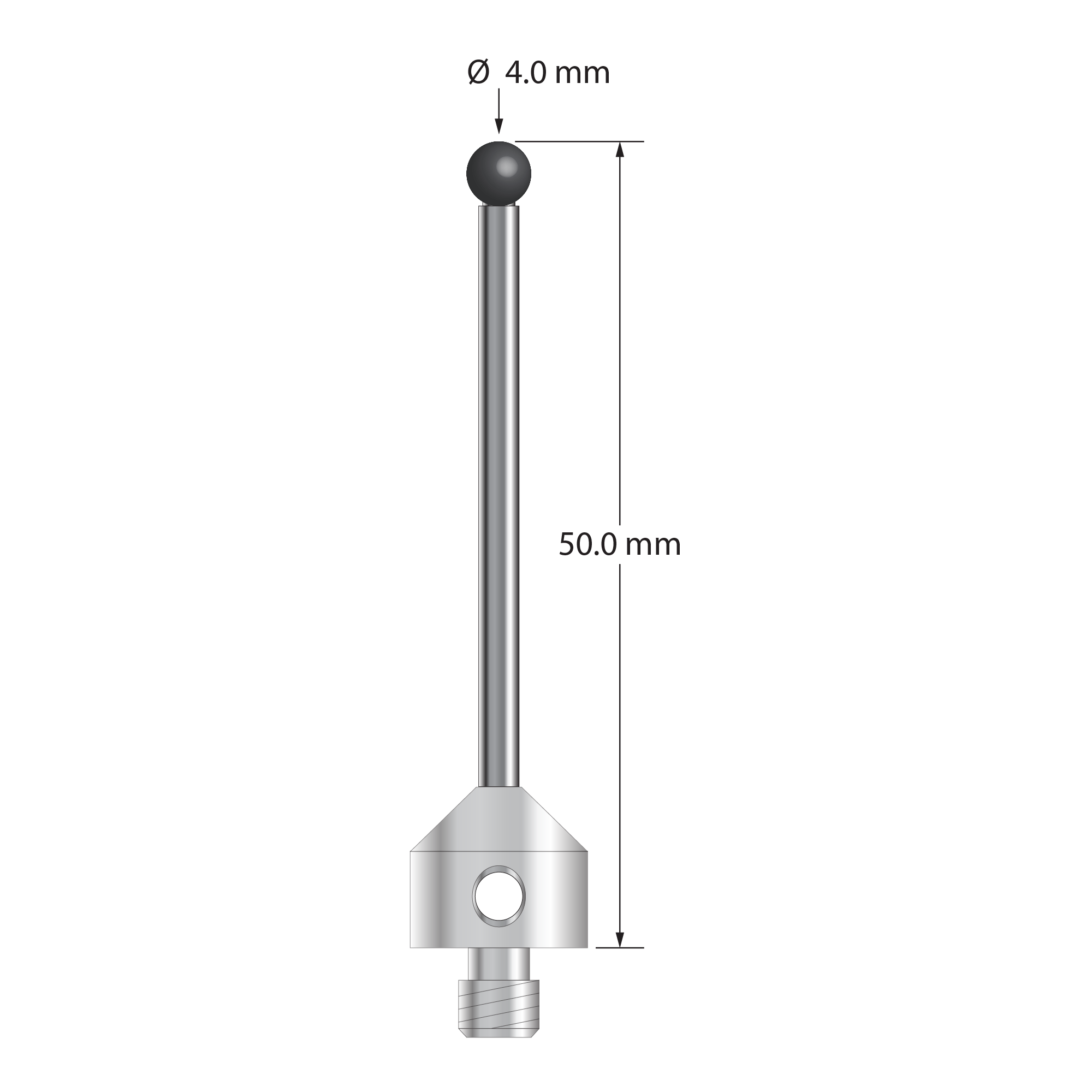 M5 stylus with 4.0 mm diameter silicon nitride ball, 2.5 mm diameter carbide stem, and 11.0 mm diameter x 10.0 mm long stainless steel base. Overall stylus length is 50.0 mm. Stylus weight is 8.34 grams. Compare to Zeiss 626115-0401-050.