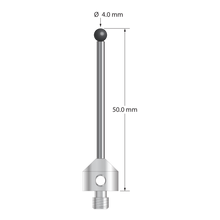 M5 stylus with 4.0 mm diameter silicon nitride ball, 2.5 mm diameter carbide stem, and 11.0 mm diameter x 10.0 mm long stainless steel base. Overall stylus length is 50.0 mm. Stylus weight is 8.34 grams. Compare to Zeiss 626115-0401-050.