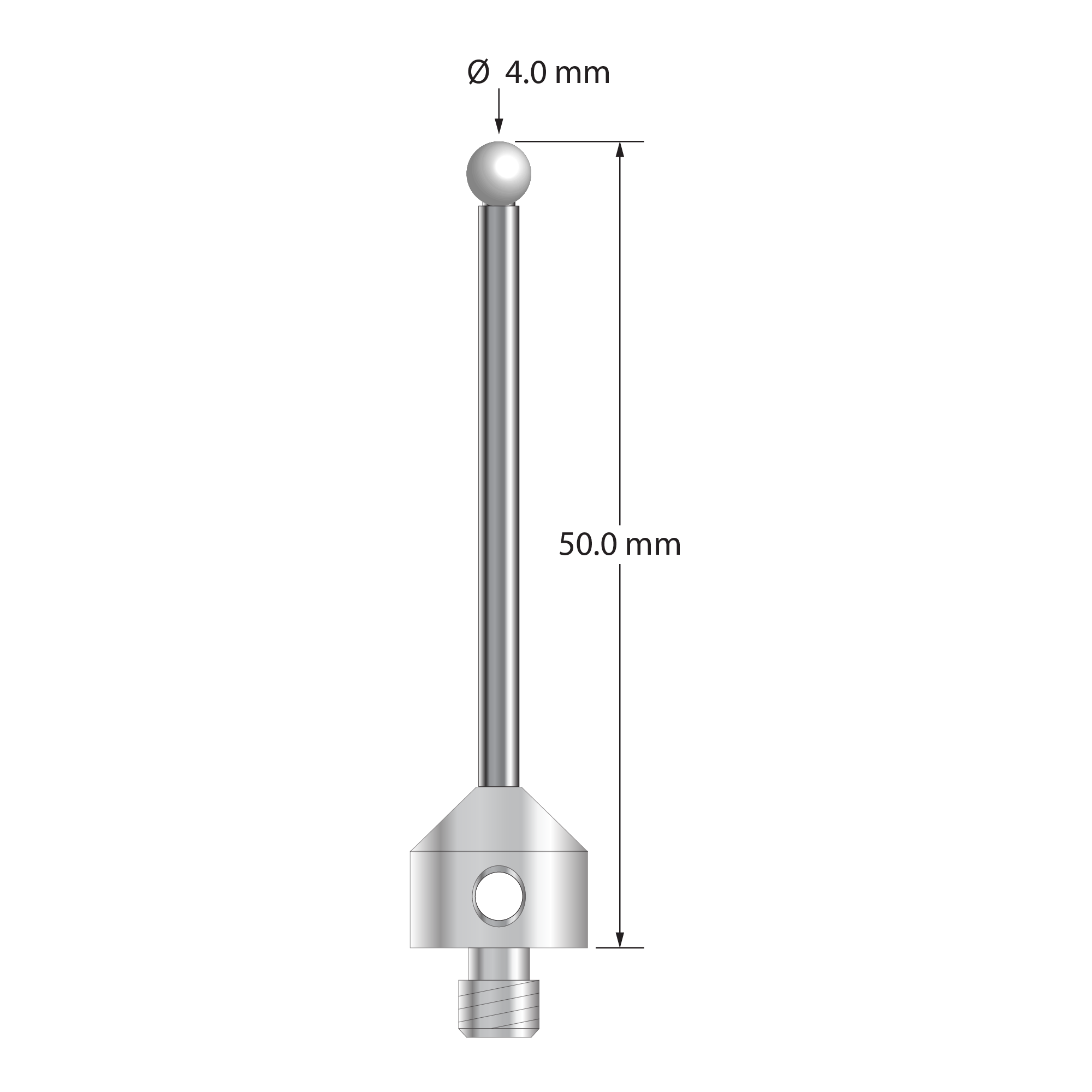 M5 stylus with 4.0 mm diameter zirconia ball, 2.5 mm diameter carbide stem, and 11.0 mm diameter x 10.0 mm long stainless steel base. Overall stylus length is 50.0 mm. Stylus weight is 8.34 grams.