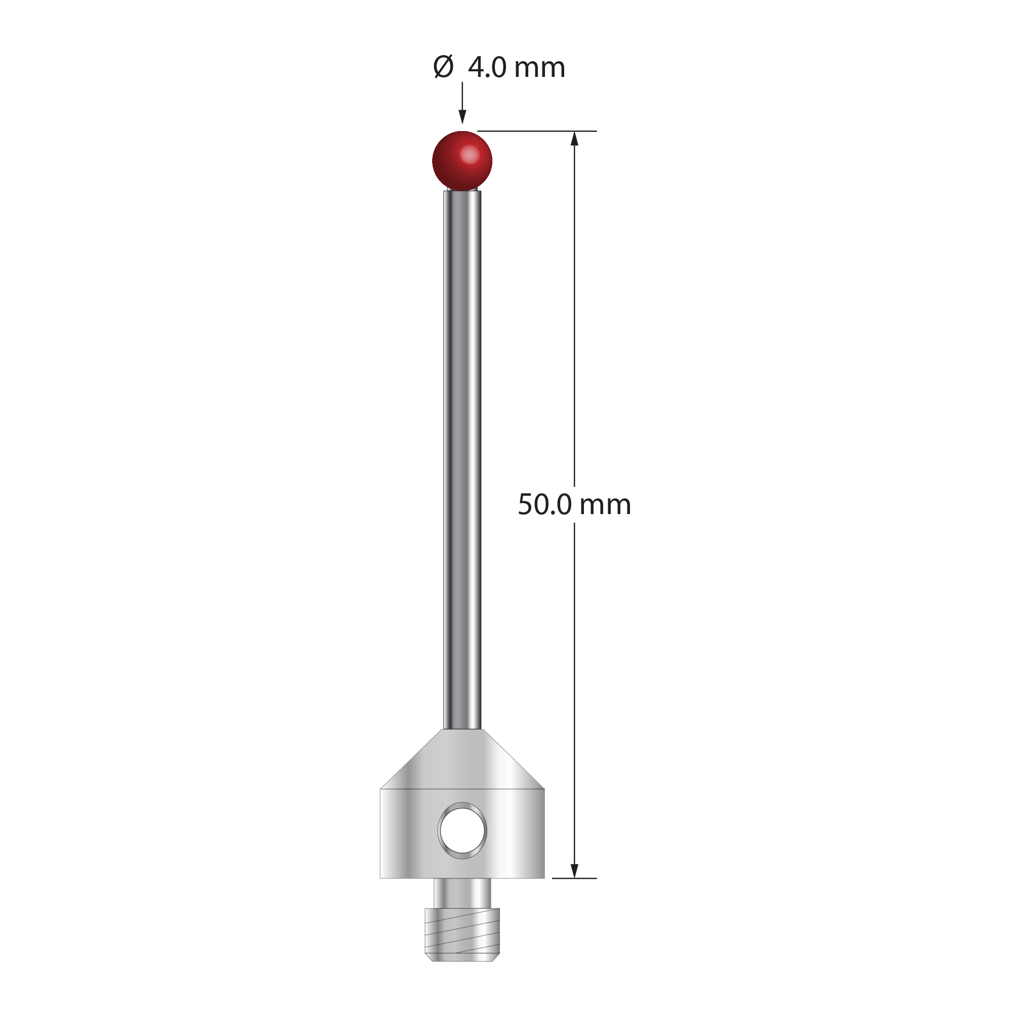 M5 stylus with 4.0 mm diameter ruby ball, 2.5 mm diameter carbide stem, and 11.0 mm diameter x 10.0 mm long stainless steel base. Overall stylus length is 50.0 mm. Stylus weight is 8.34 grams. Compare to Zeiss 626115-0400-050.
