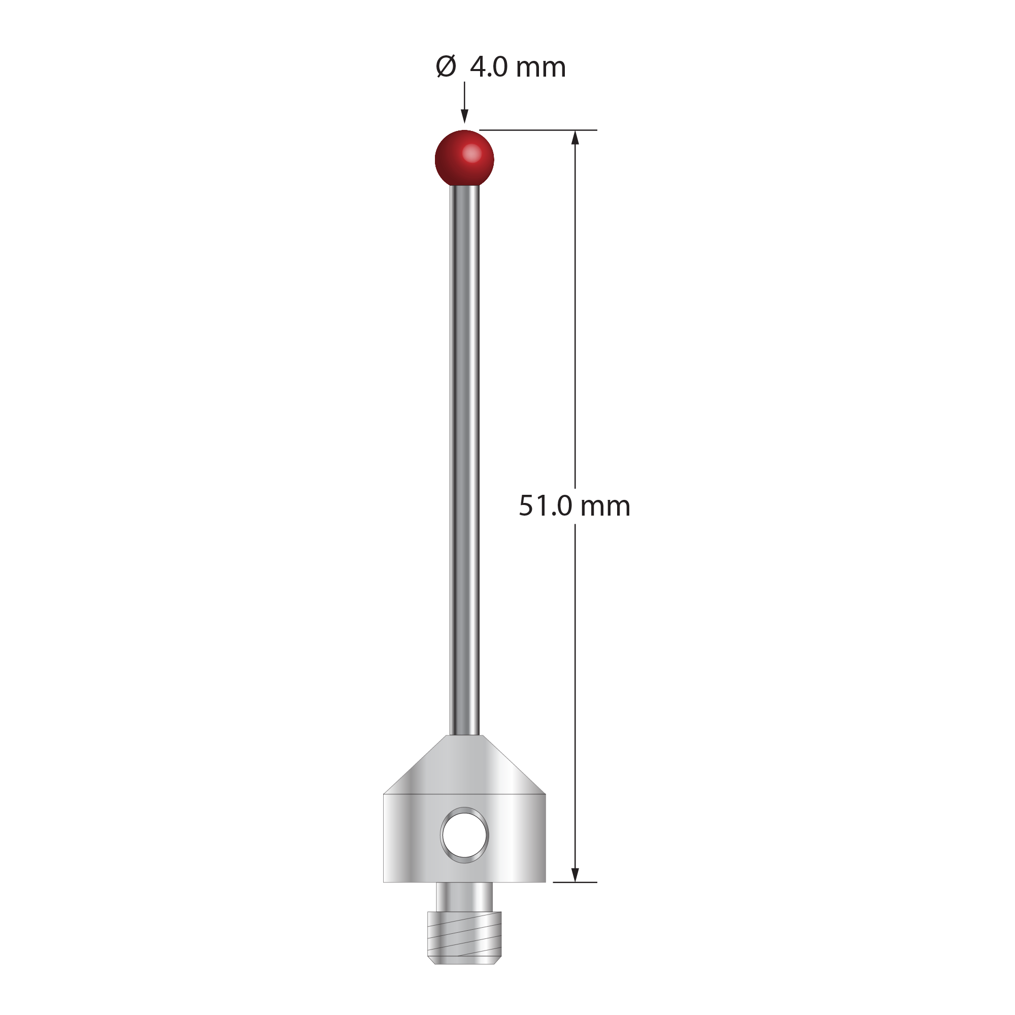 M5 stylus with 4.0 mm diameter ruby ball, 2.0 mm diameter carbide stem, and 11.0 mm diameter x 10.0 mm long stainless steel base. Overall stylus length is 51.0 mm. Stylus weight is 7.63 grams. Compare to Zeiss 626105-0404-051.