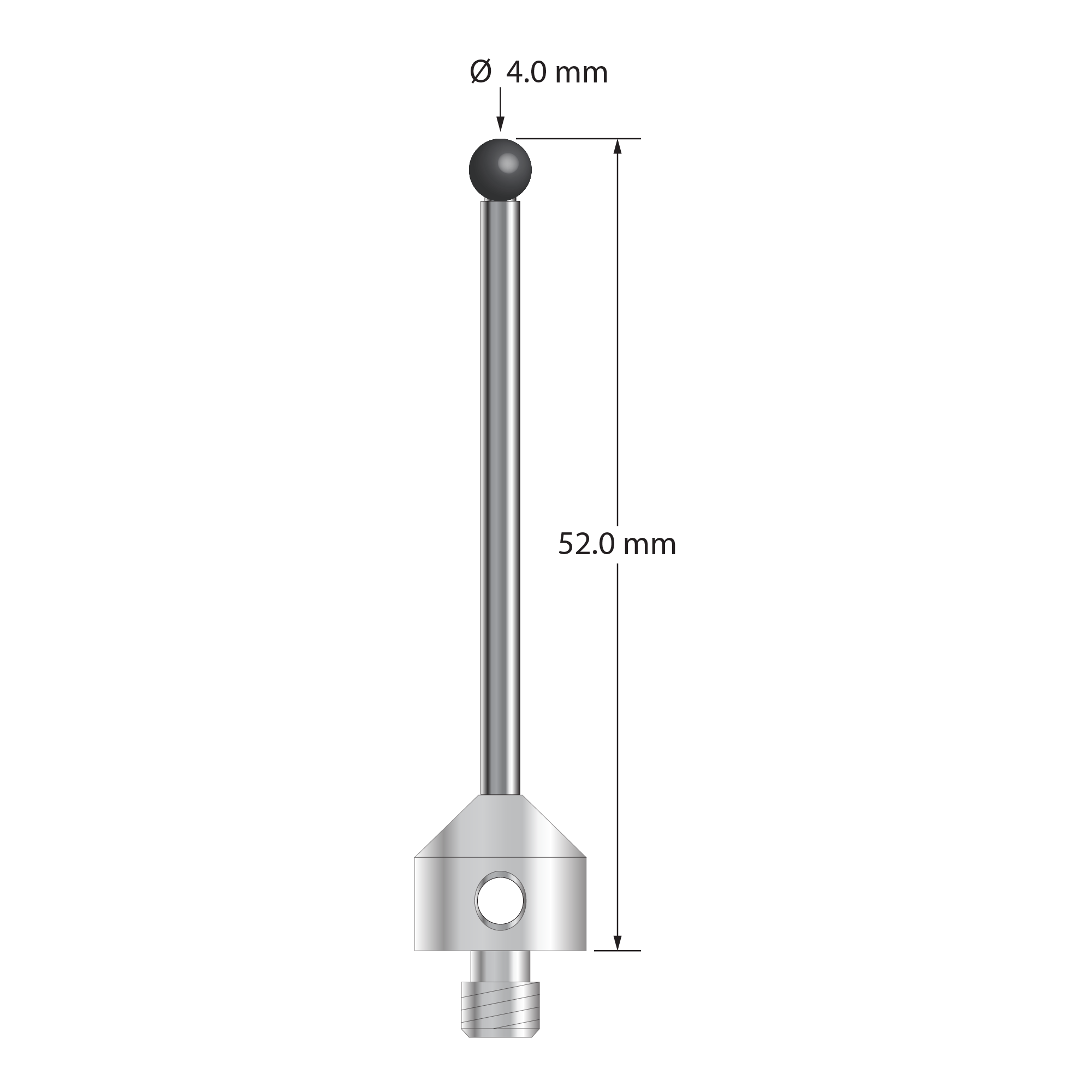 M5 stylus with 4.0 mm diameter silicon nitride ball, 2.5 mm diameter carbide stem, and 11.0 mm diameter x 10.0 mm long stainless steel base. Stylus length to ball center is 50.0 mm. Stylus weight is 7.67 grams. Compare to Zeiss 626105-0405-052.