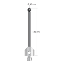 M5 stylus with 4.0 mm diameter silicon nitride ball, 2.5 mm diameter carbide stem, and 11.0 mm diameter x 10.0 mm long stainless steel base. Stylus length to ball center is 50.0 mm. Stylus weight is 7.67 grams. Compare to Zeiss 626105-0405-052.