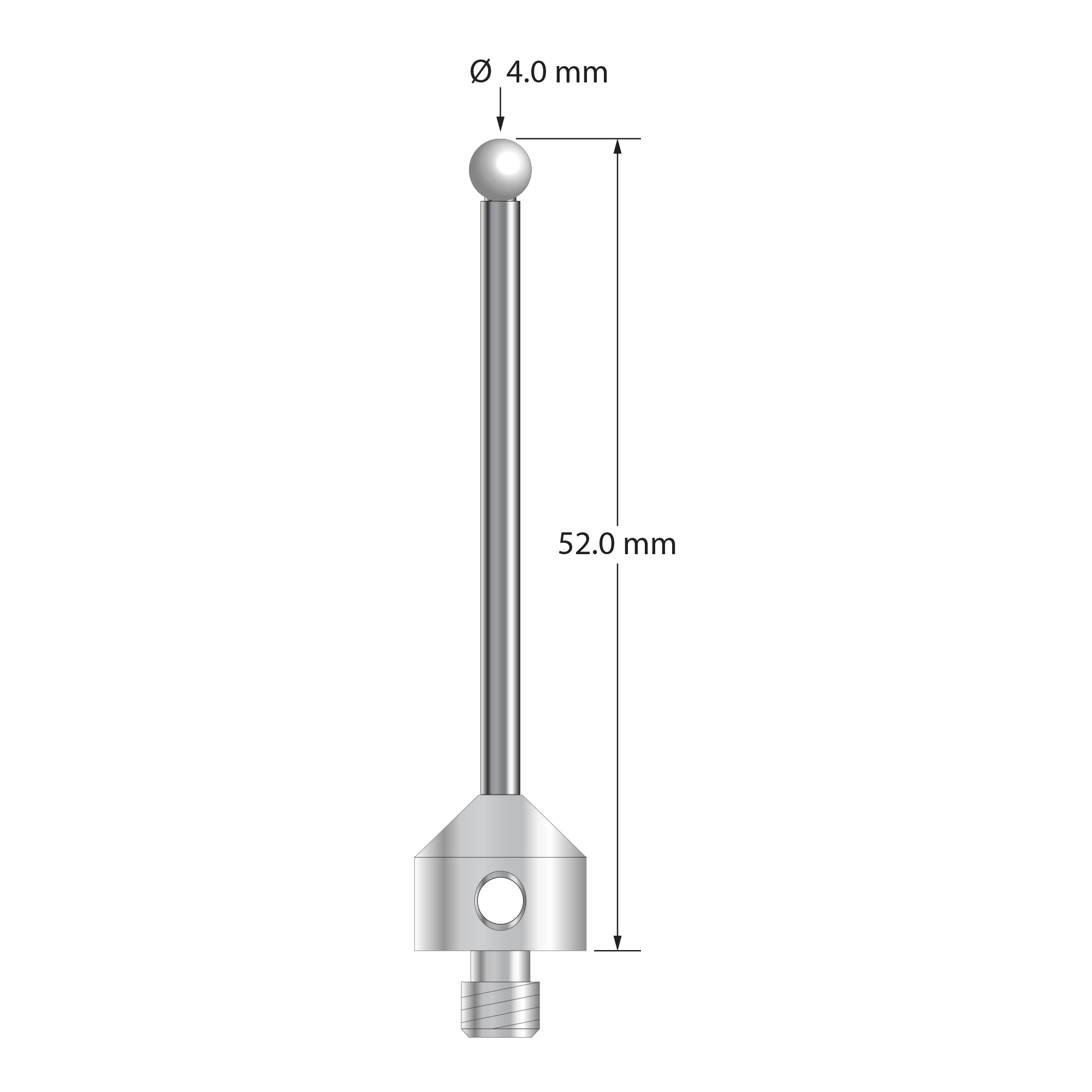 M5 stylus with 4.0 mm diameter zirconia ball, 2.5 mm diameter carbide stem, and 11.0 mm diameter x 10.0 mm long stainless steel base. Stylus length to ball center is 50.0 mm. Stylus weight is 7.67 grams.