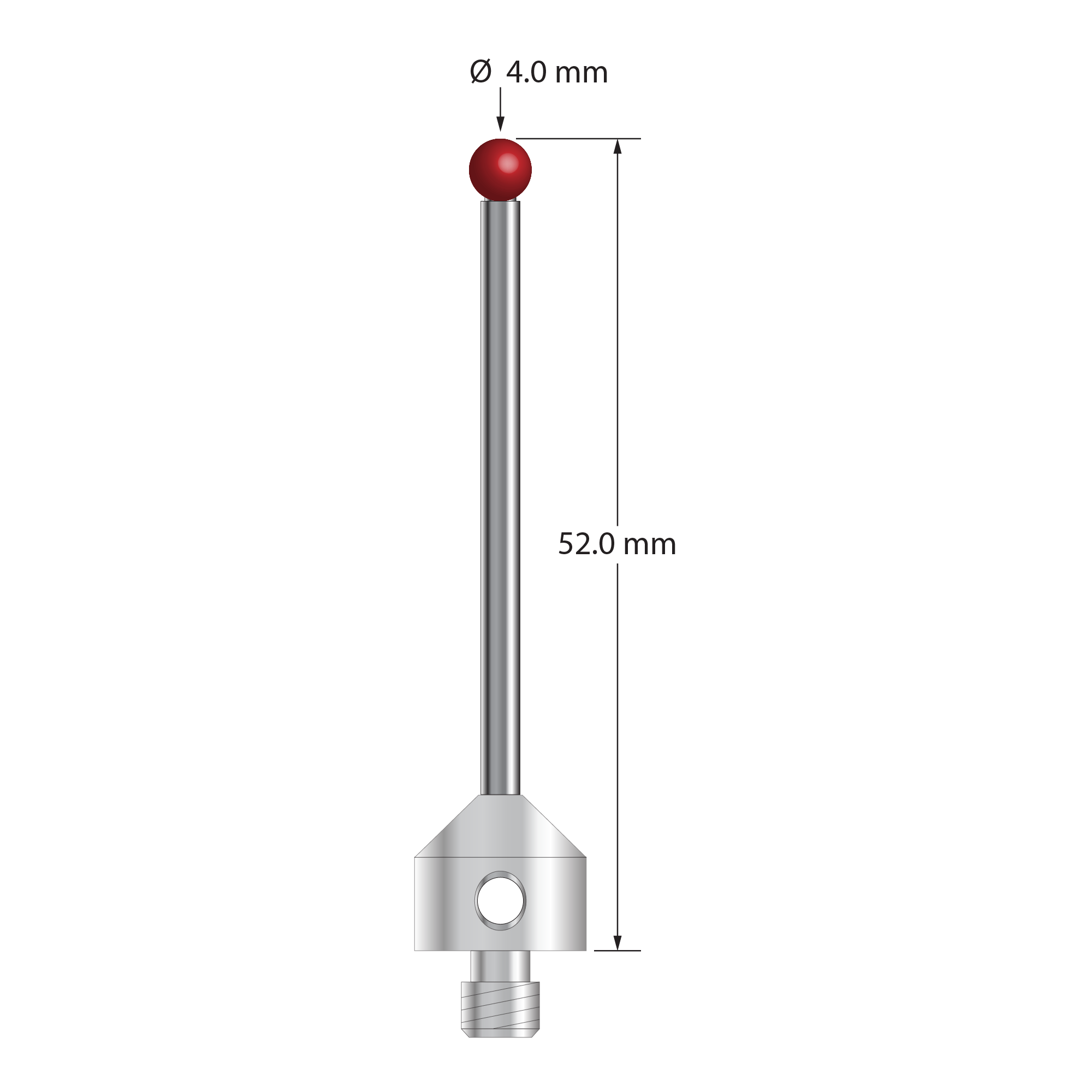 M5 stylus with 4.0 mm diameter ruby ball, 2.0 mm diameter carbide stem, and 11.0 mm diameter x 10.0 mm long stainless steel base. Stylus length to ball center is 50.0 mm. Stylus weight is 7.67 grams. Compare to Renishaw A-5003-5235.