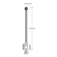 M5 stylus with 4.0 mm diameter silicon nitride ball, 2.5 mm diameter carbide stem, and 11.0 mm diameter x 10.0 mm long stainless steel base. Overall stylus length is 55.0 mm. Stylus weight is 8.68 grams. Compare to Zeiss 626105-0465-055.