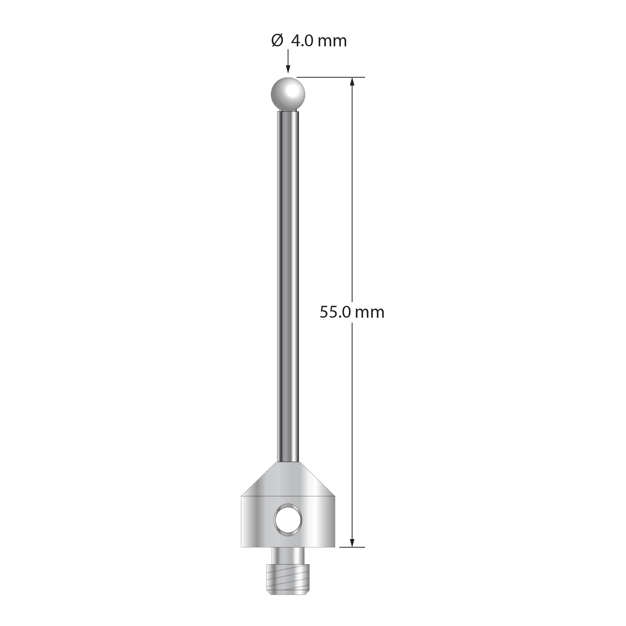 M5 stylus with 4.0 mm diameter zirconia ball, 2.5 mm diameter carbide stem, and 11.0 mm diameter x 10.0 mm long stainless steel base. Overall stylus length is 55.0 mm. Stylus weight is 8.68 grams.