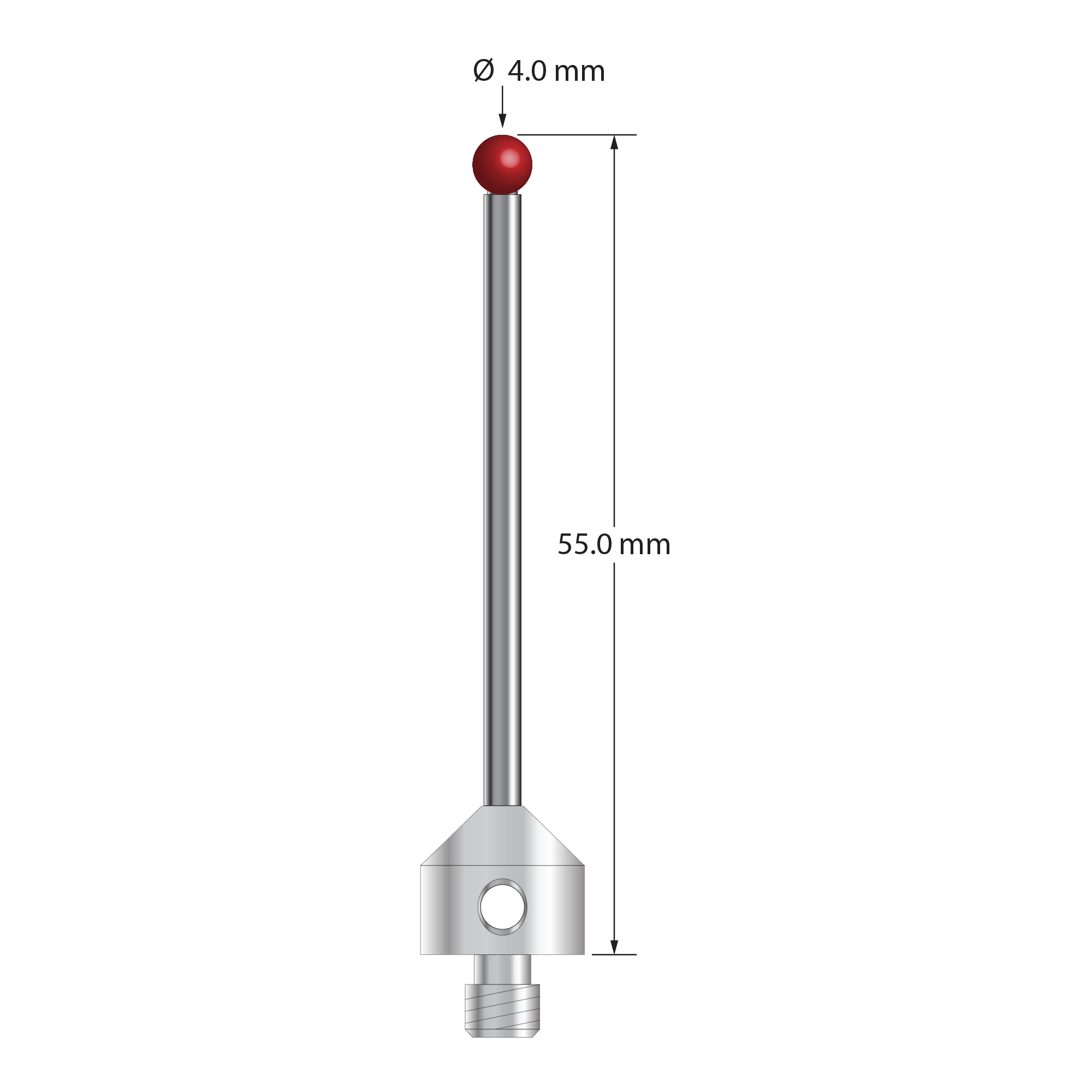 M5 stylus with 4.0 mm diameter ruby ball, 2.5 mm diameter carbide stem, and 11.0 mm diameter x 10.0 mm long stainless steel base. Overall stylus length is 55.0 mm. Stylus weight is 8.68 grams. Compare to Zeiss 626105-0464-055.