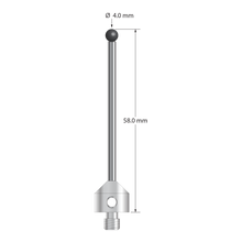 M5 stylus with 4.0 mm diameter silicon nitride ball, 2.5 mm diameter carbide stem, and 11.0 mm diameter x 10.0 mm long stainless steel base. Overall stylus length is 58.0 mm. Stylus weight is 8.88 grams. Compare to Zeiss 626115-0400-058.