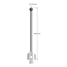 M5 stylus with 4.0 mm diameter silicon nitride ball, 2.5 mm diameter carbide stem, and 11.0 mm diameter x 10.0 mm long stainless steel base. Overall stylus length is 64.0 mm. Stylus weight is 9.29 grams. Compare to Zeiss 626115-0401-064 and Renishaw A-5555-3789.
