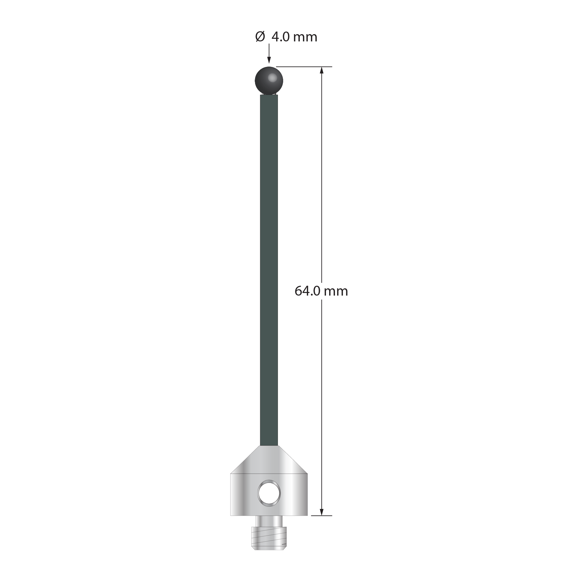 Low weight M5 stylus with 4.0 mm diameter silicon nitride ball, 2.0 mm diameter Therm-X carbon fiber stem, and 11.0 mm diameter x 10.0 mm long titanium base. Overall stylus length is 64.0 mm. Stylus weight is 3.60 grams. Compare to Zeiss 626105-0401-064.