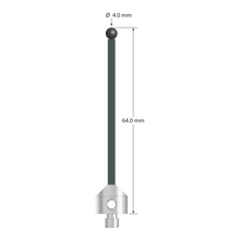Low weight M5 stylus with 4.0 mm diameter silicon nitride ball, 2.0 mm diameter Therm-X carbon fiber stem, and 11.0 mm diameter x 10.0 mm long titanium base. Overall stylus length is 64.0 mm. Stylus weight is 3.60 grams. Compare to Zeiss 626105-0401-064.
