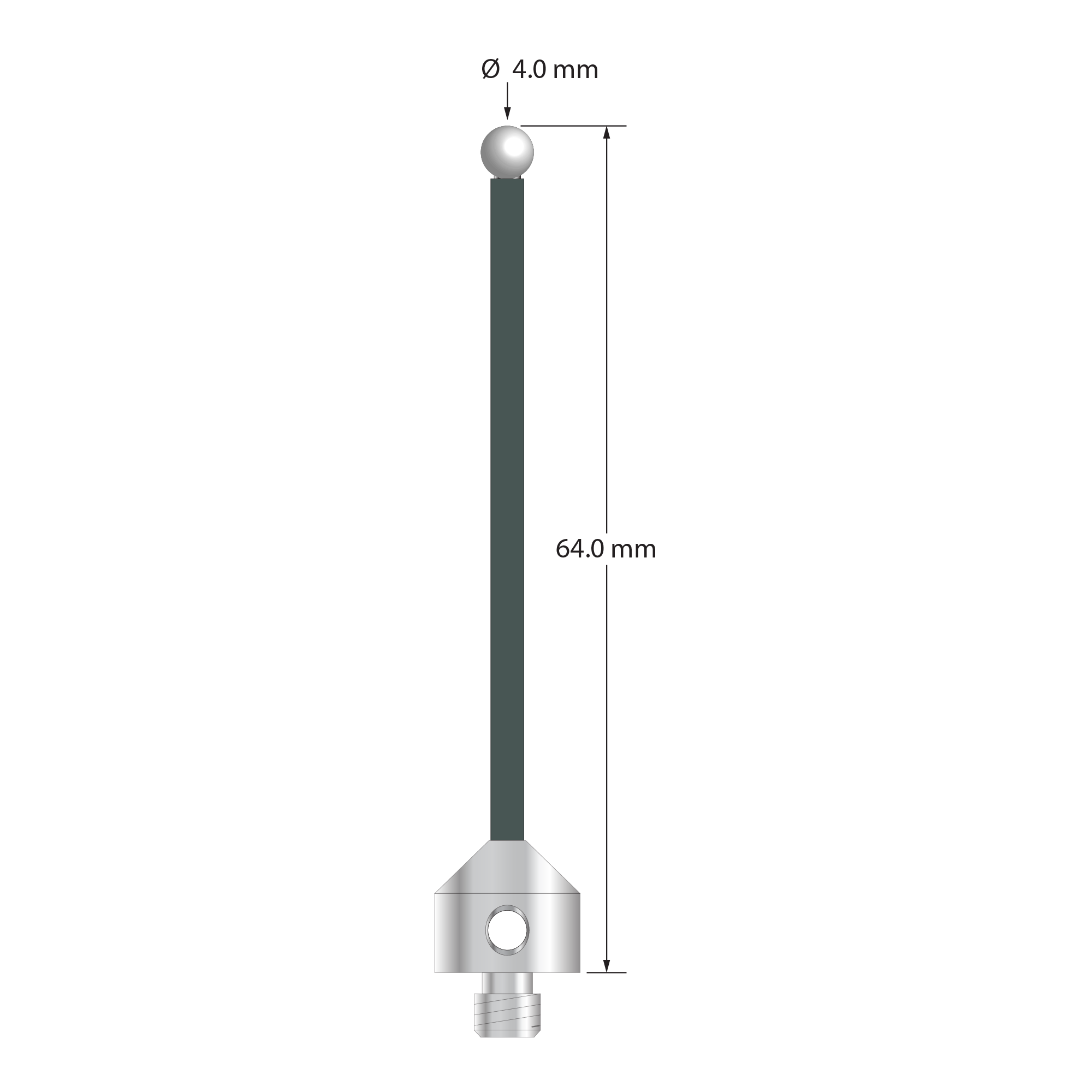 Low-weight M5 stylus with 4.0 mm diameter zirconia ball, 2.0mm diameter Therm-X carbon fiber stem, and 11.0 mm diameter x 10.0 mm long titanium base. Overall stylus length is 64.0 mm. Stylus weight is 3.60 grams.
