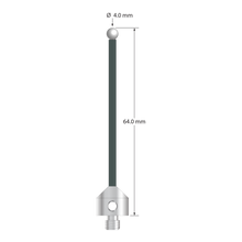 Low-weight M5 stylus with 4.0 mm diameter zirconia ball, 2.0mm diameter Therm-X carbon fiber stem, and 11.0 mm diameter x 10.0 mm long titanium base. Overall stylus length is 64.0 mm. Stylus weight is 3.60 grams.