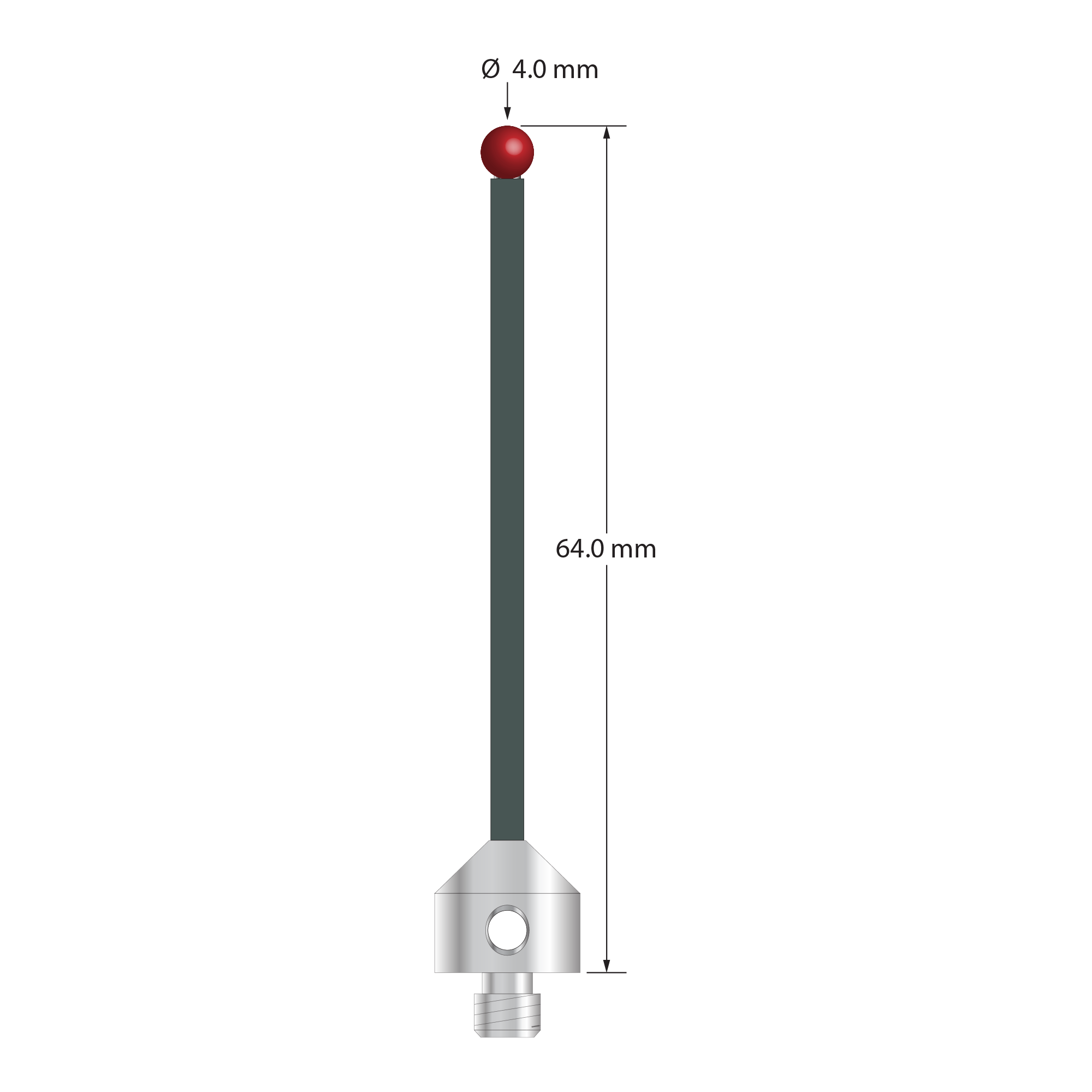 Low weight M5 stylus with 4.0 mm diameter ruby ball, 2.0 mm diameter, carbon fiber stem, and 11.0 mm diameter x 10.0 mm long titanium base. Overall stylus length is 64.0 mm. Stylus weight is 3.60 grams. Compare to Zeiss 626105-0400-064.