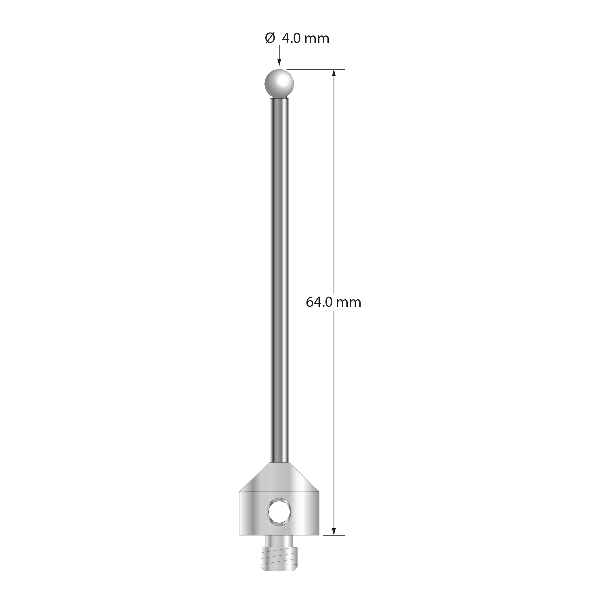 M5 stylus with 4.0 mm diameter zirconia ball, 2.5 mm diameter carbide stem, and 11.0 mm diameter x 10.0 mm long stainless steel base. Overall stylus length is 64.0 mm. Stylus weight is 9.29 grams.