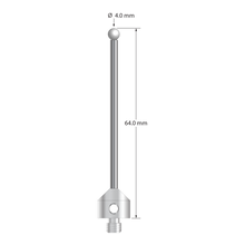 M5 stylus with 4.0 mm diameter zirconia ball, 2.5 mm diameter carbide stem, and 11.0 mm diameter x 10.0 mm long stainless steel base. Overall stylus length is 64.0 mm. Stylus weight is 9.29 grams.