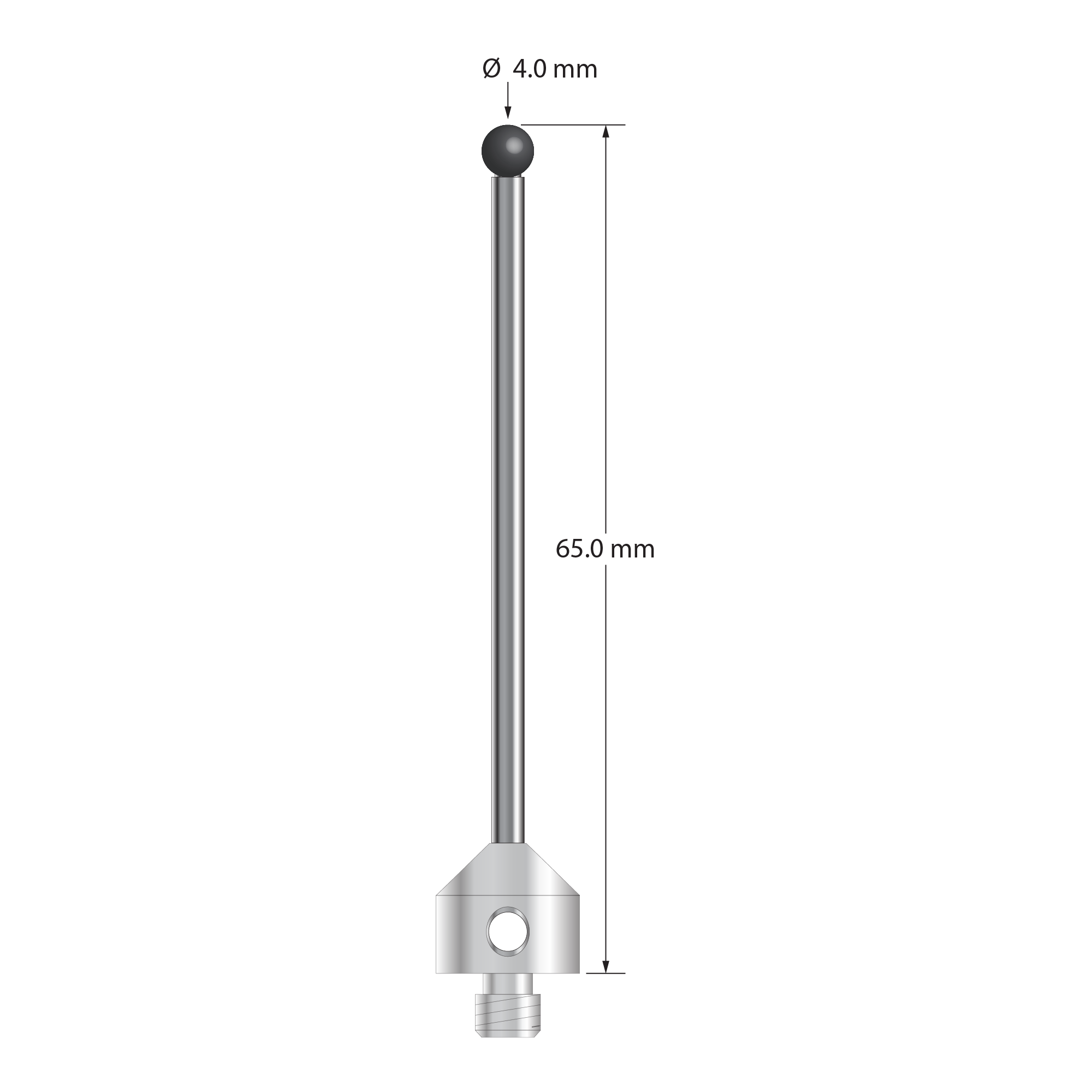 M5 stylus with 4.0 mm diameter silicon nitride ball, 2.5 mm diameter carbide stem, and 11.0 mm diameter x 10.0 mm long stainless steel base. Overall stylus length is 64.0 mm. Stylus weight is 9.30 grams. Compare to Zeiss 626115-0400-065.