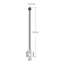 M5 stylus with 4.0 mm diameter silicon nitride ball, 2.5 mm diameter carbide stem, and 11.0 mm diameter x 10.0 mm long stainless steel base. Overall stylus length is 64.0 mm. Stylus weight is 9.30 grams. Compare to Zeiss 626115-0400-065.