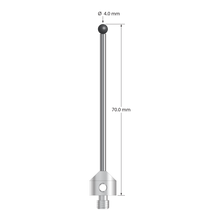 M5 stylus with 4.0 mm diameter silicon nitride ball, 2.5 mm diameter carbide stem, and 11.0 mm diameter x 10.0 mm long stainless steel base. Overall stylus length is 70.0 mm. Stylus weight is 9.70 grams. Compare to Zeiss 626105-0465-070.