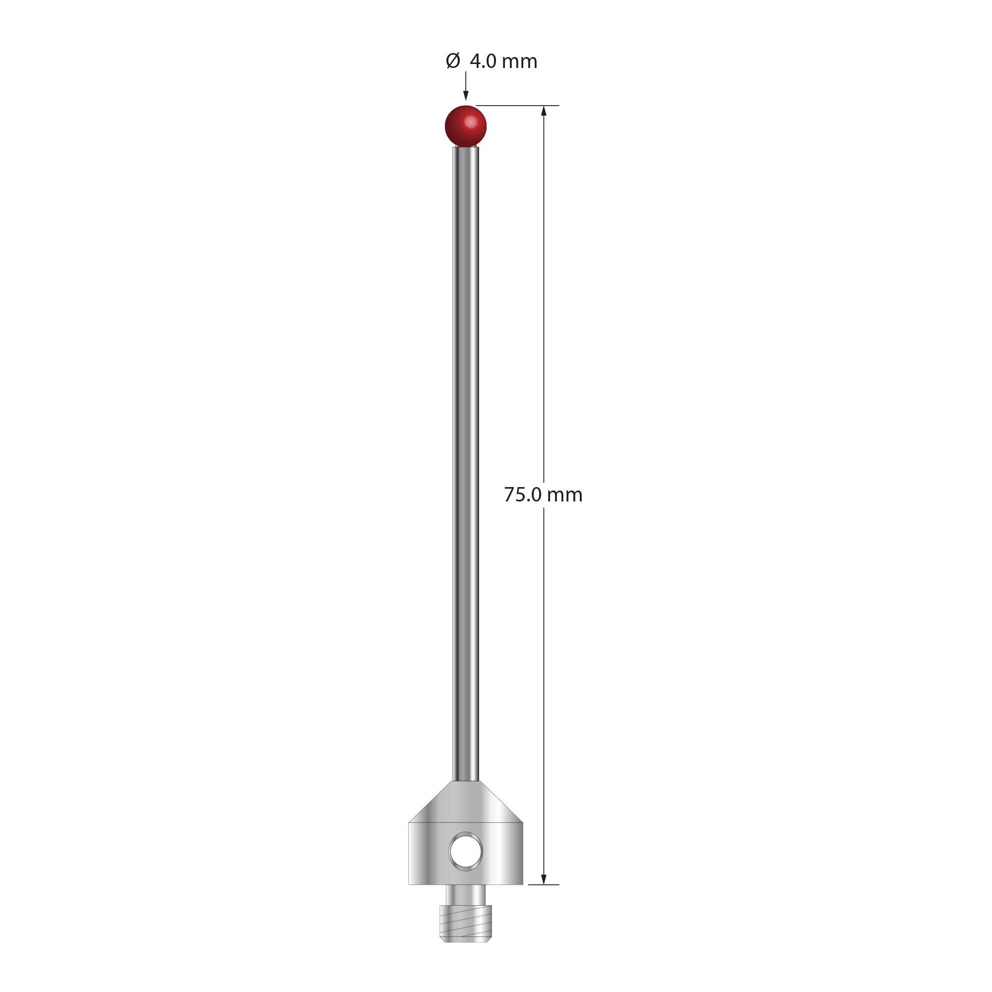 M5 stylus with 4.0 mm diameter ruby ball, 2.5 mm diameter carbide stem, and 11.0 mm diameter x 10.0 mm long hard anodized aluminum base. Overall stylus length is 75.0 mm. Stylus weight is 6.43 grams.