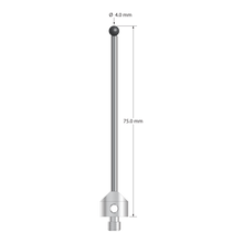 M5 stylus with 4.0 mm diameter silicon nitride ball, 2.5 mm diameter carbide stem, and 11.0 mm diameter x 10.0 mm long stainless steel base. Overall stylus length is 75.0 mm. Stylus weight is 10.04 grams. Compare to Zeiss 626115-0404-075.