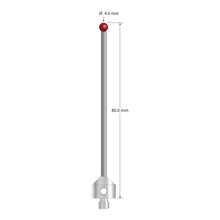M5 stylus with 4.0 mm diameter ruby ball, 2.5 mm diameter carbide stem, and 11.0 mm diameter x 10.0 mm long stainless steel base. Overall stylus length is 80.0 mm. Stylus weight is 10.38 grams. Compare to Zeiss 626105-0464-080.