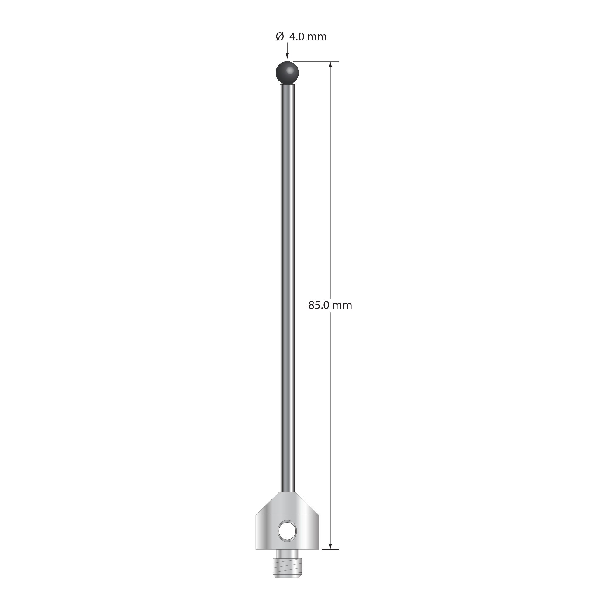 M5 stylus with 4.0 mm diameter silicon nitride ball, 2.5 mm diameter carbide stem, and 11.0 mm diameter x 10.0 mm long stainless steel base. Overall stylus length is 85.0 mm. Stylus weight is 10.72 grams. Compare to Zeiss 626105-0465-085.