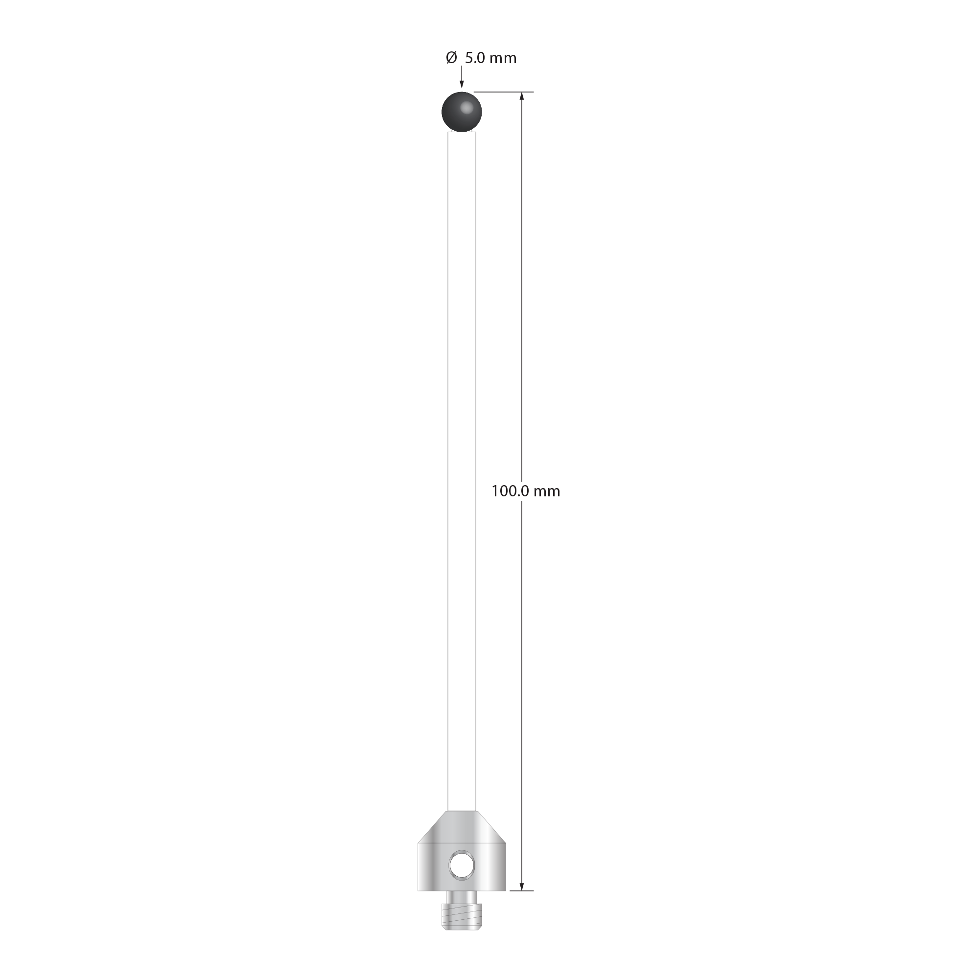 M5 stylus with 5.0 mm diameter silicon nitride ball, 3.5 mm diameter ceramic stem, and 11.0 mm diameter x 10.0 mm long anodized aluminum base. Overall stylus length is 100.0 mm. Stylus weight is 5.49 grams.