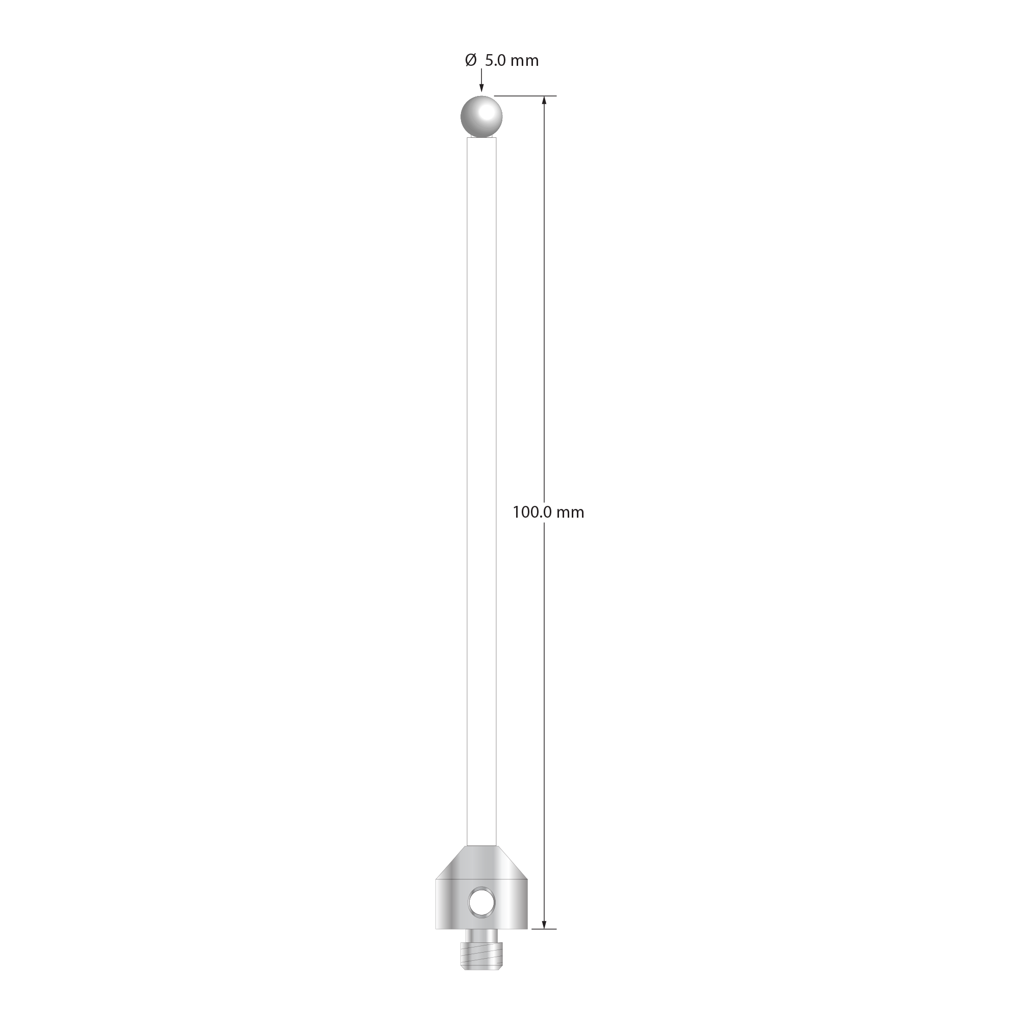 M5 stylus with 5.0 mm diameter zirconia ball, 3.5 mm diameter ceramic stem, and 11.0 mm diameter x 10.0 mm long anodized aluminum base. Overall stylus length is 100.0 mm. Stylus weight is 5.49 grams.
