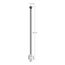 M5 stylus with 5.0 mm diameter silicon nitride ball, 3.5 mm diameter carbide stem, and 11.0 mm diameter x 10.0 mm long stainless steel base. Overall stylus length is 100.0 mm. Stylus weight is 17.82 grams. Compare to Renishaw A-5555-3794 and Zeiss 626115-0501-100.