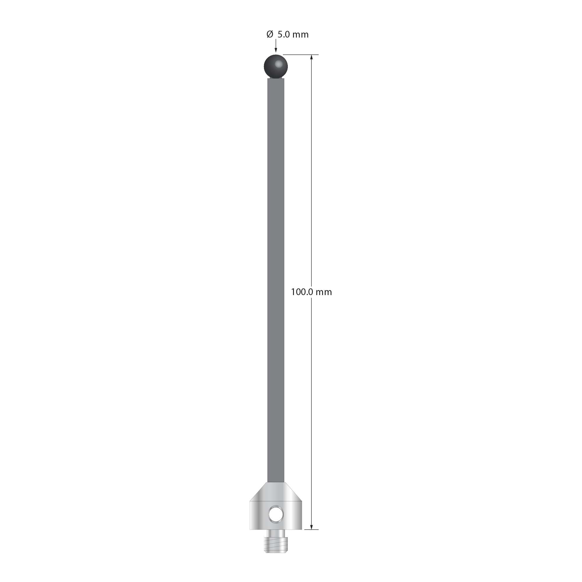 Low weight M5 stylus with 5.0 mm diameter silicon nitride ball, 3.5 mm diameter Therm-X carbon fiber stem, and 11.0 mm diameter x 10.0 mm long titanium base. Overall stylus length is 100.0 mm. Stylus weight is 4.74 grams. Compare to Zeiss 626105-0511-100.