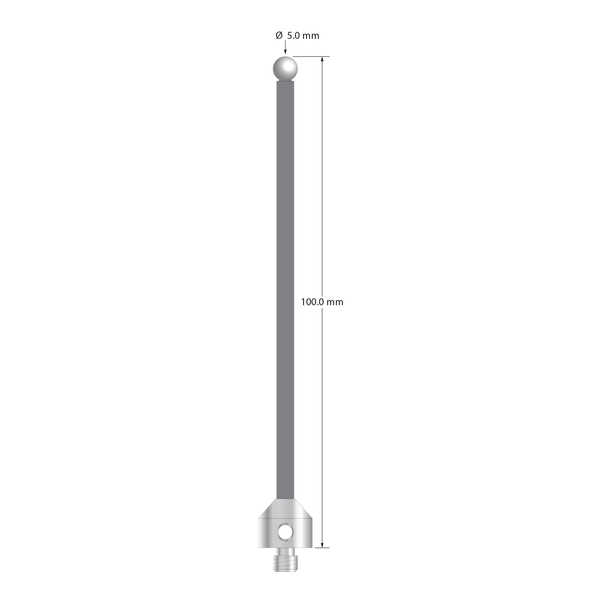 Low weight M5 stylus with 5.0 mm diameter zirconia ball, 3.5 mm diameter Therm-X carbon fiber stem, and 11.0 mm diameter x 10.0 mm long titanium base. Overall stylus length is 100.0 mm. Stylus weight is 4.74 grams.