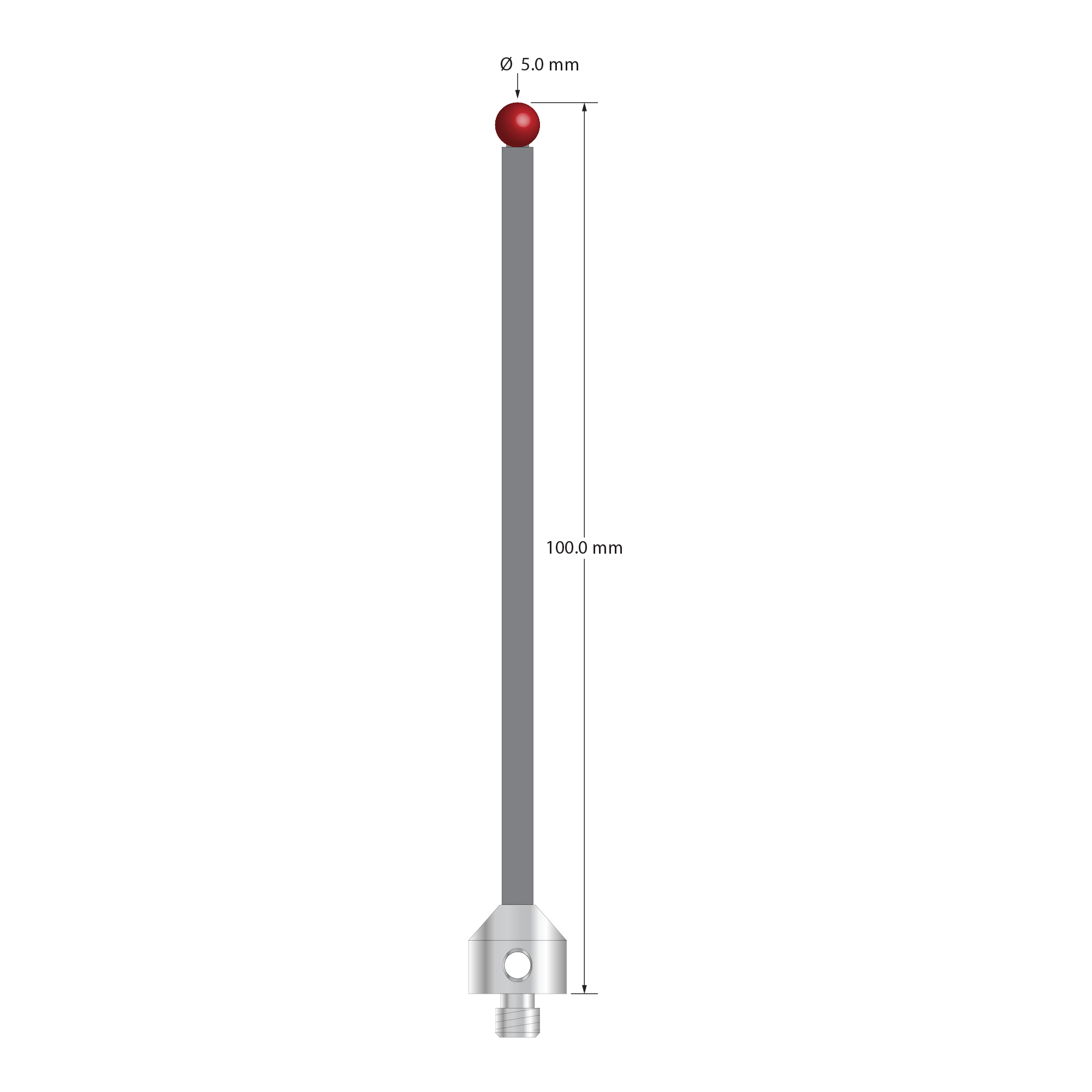Low weight M5 stylus with 5.0 mm diameter ruby ball, 3.5 mm diameter Therm-X carbon fiber stem, and 11.0 mm diameter x 10.0 mm long titanium base. Overall stylus length is 100.0 mm. Stylus weight is 4.74 grams. Compare to Zeiss 626105-0510-100.