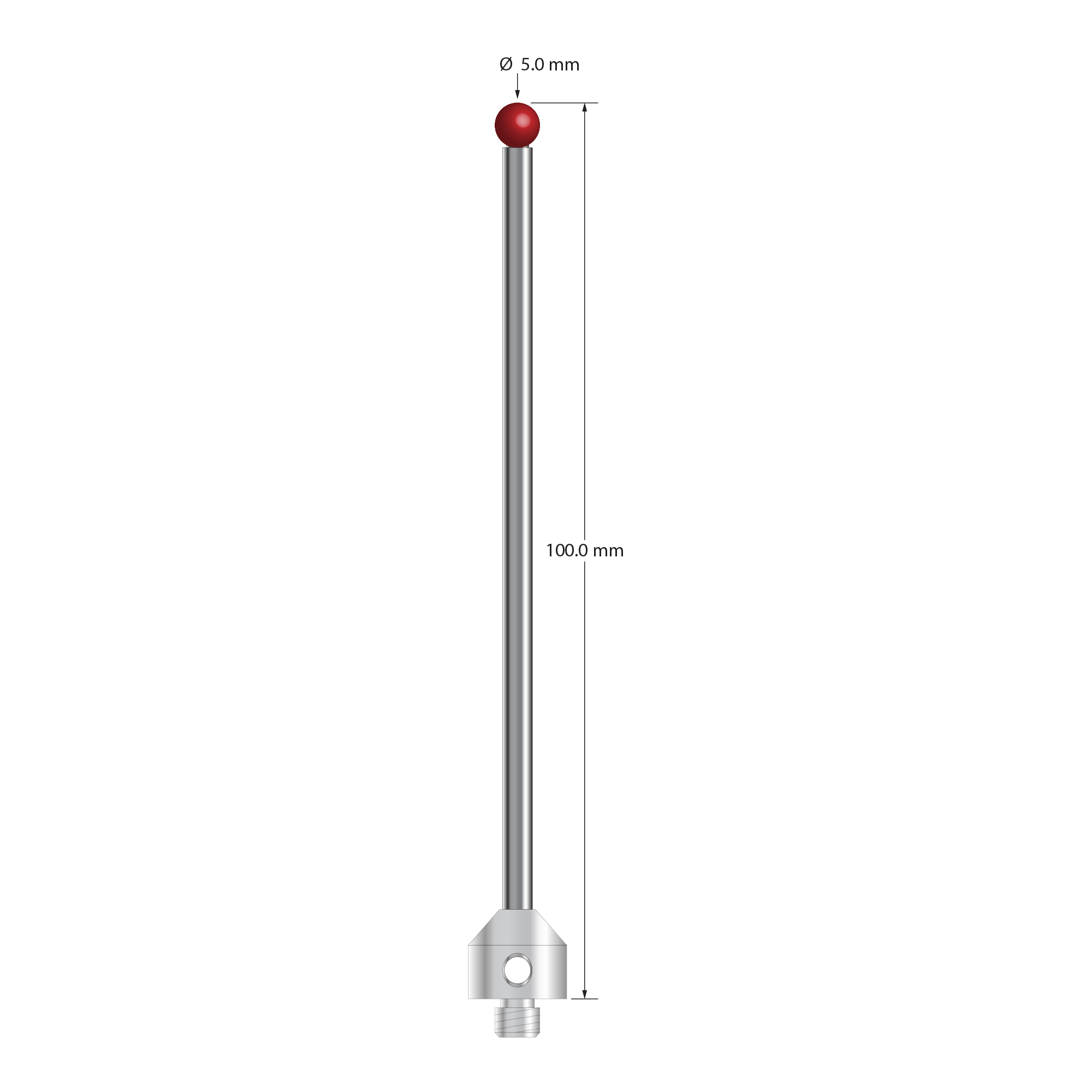 M5 stylus with 5.0 mm diameter ruby ball, 3.5 mm diameter carbide stem, and 11.0 mm diameter x 10.0 mm long stainless steel base. Overall stylus length is 100.0 mm. Stylus weight is 17.82 grams. Compare to Zeiss 626115-0500-100.