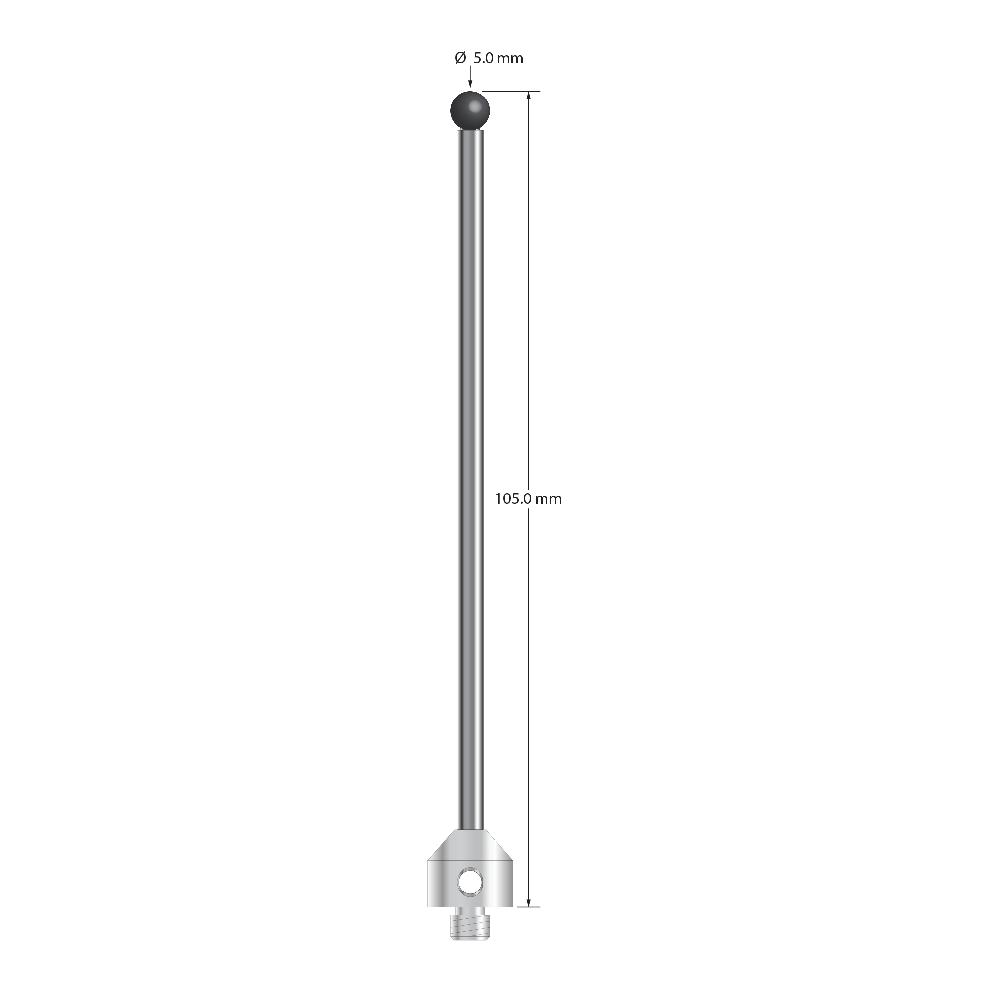 M5 stylus with 5.0 mm diameter silicon nitride ball, 3.5 mm diameter carbide stem, and 11.0 mm diameter x 10.0 mm long stainless steel base. Overall stylus length is 105.0 mm. Stylus weight is 18.51 grams. Compare to Zeiss 626115-0502-105.