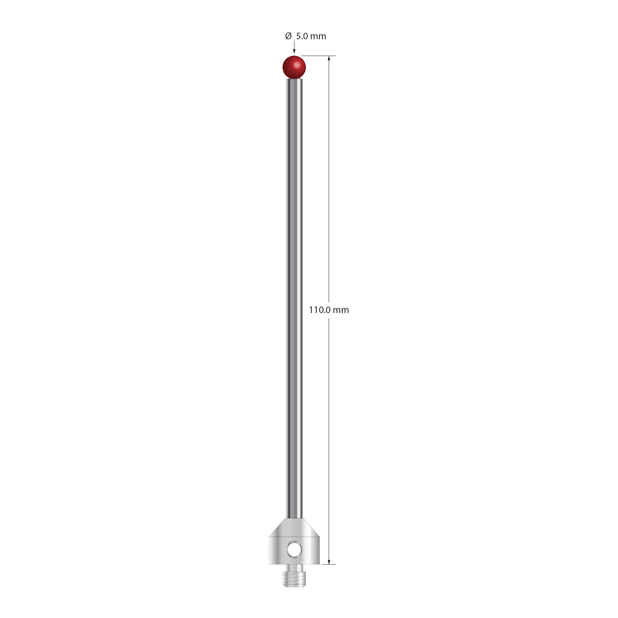 M5 stylus with 5.0 mm diameter ruby ball, 3.5 mm diameter carbide stem, and 11.0 mm diameter x 10.0 mm long stainless steel base. Overall stylus length is 110.0 mm. Stylus weight is 19.20 grams. Compare to Zeiss 626115-0500-110.