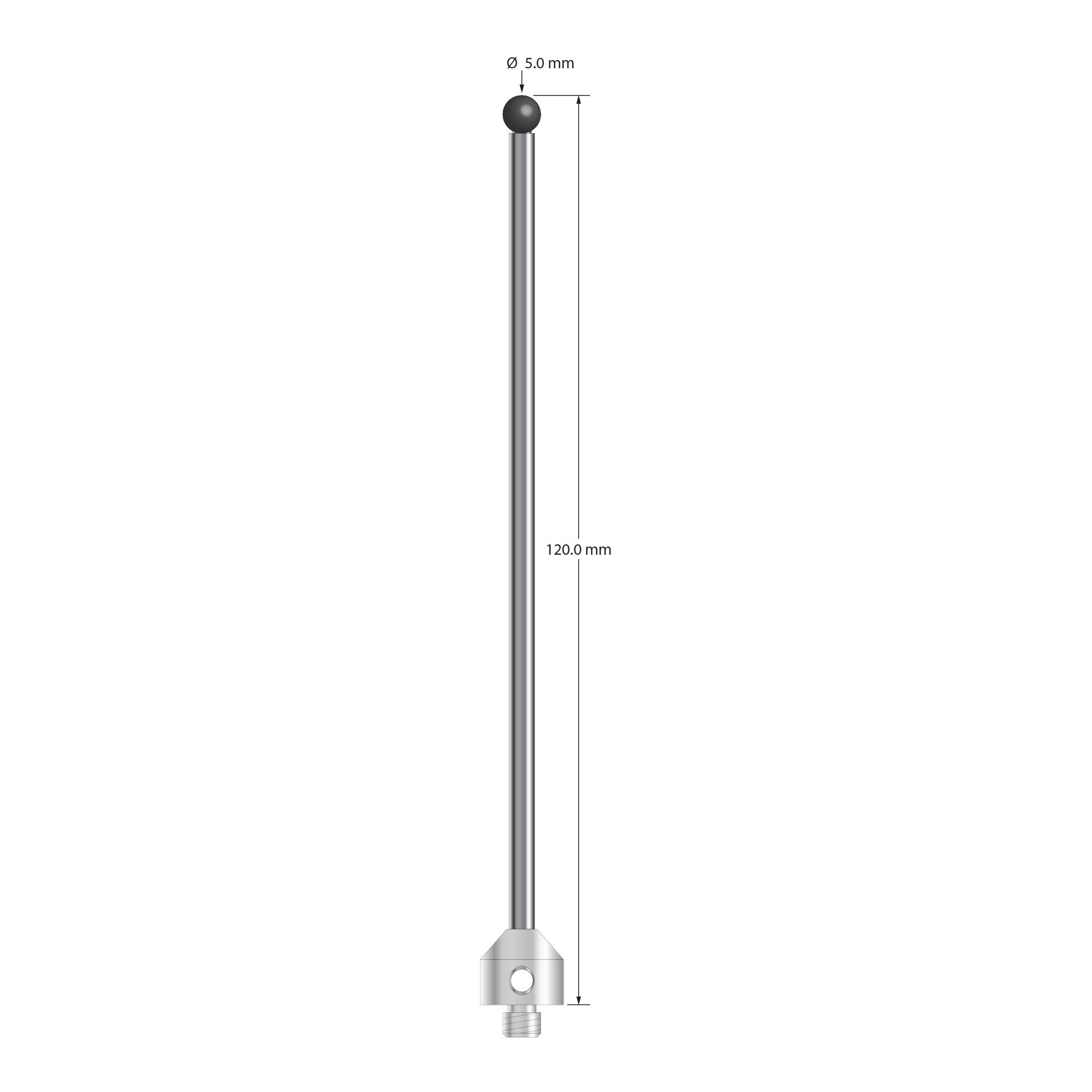 M5 stylus with 5.0 mm diameter silicon nitride ball, 3.5 mm diameter carbide stem, and 11.0 mm diameter x 10.0 mm long stainless steel base. Overall stylus length is 120.0 mm. Stylus weight is 20.58 grams. Compare to Zeiss 626115-0502-120.
