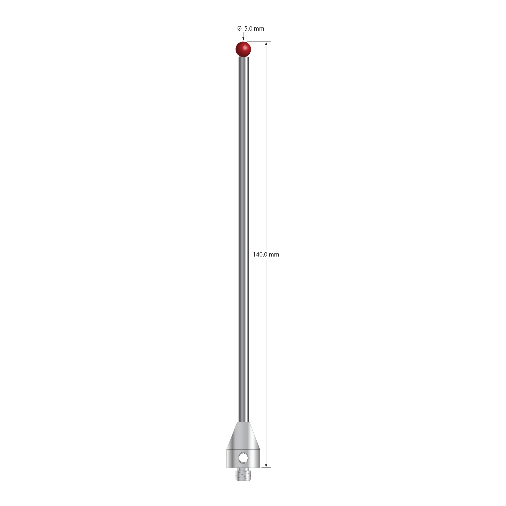 M5 stylus with 5.0 mm diameter ruby ball, 3.5 mm diameter carbide stem, and 11.0 mm diameter x 15.0 mm long hard anodized aluminum base. Overall stylus length is 140.0 mm. Stylus weight is 21.55 grams.