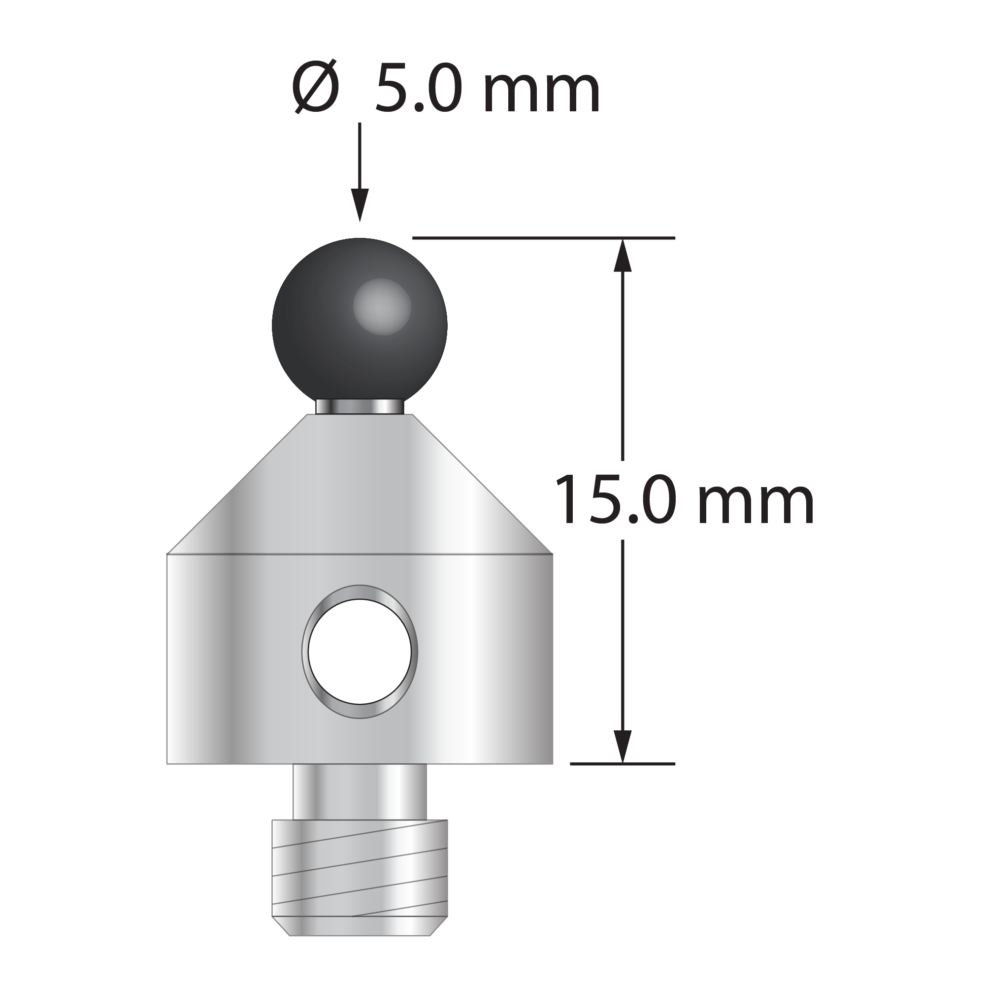 M5 stylus with 5.0 mm diameter silicon nitride ball, 2.5 mm diameter carbide stem, and 11.0 mm diameter x 10.0 mm long stainless steel base. Overall stylus length is 15.0 mm. Stylus weight is 6.35 grams.