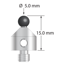 M5 stylus with 5.0 mm diameter silicon nitride ball, 2.5 mm diameter carbide stem, and 11.0 mm diameter x 10.0 mm long stainless steel base. Overall stylus length is 15.0 mm. Stylus weight is 6.35 grams.