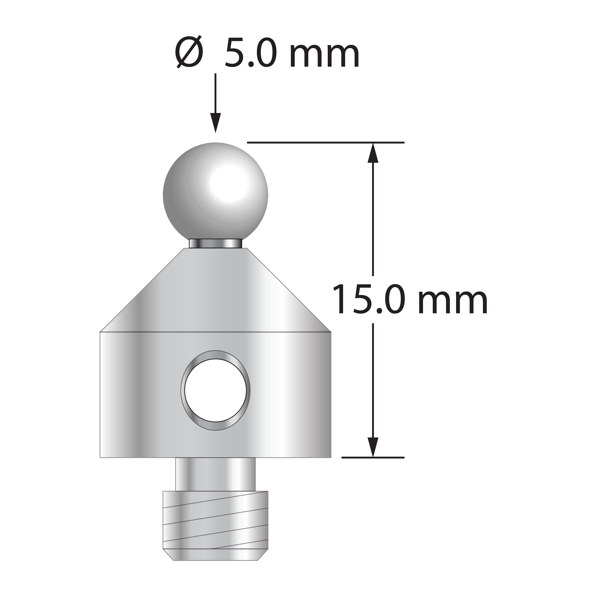 M5 stylus with 5.0 mm diameter zirconia ball, 2.5 mm diameter carbide stem, and 11.0 mm diameter x 10.0 mm long stainless steel base. Overall stylus length is 15.0 mm. Stylus weight is 6.35 grams.