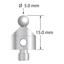 M5 stylus with 5.0 mm diameter zirconia ball, 2.5 mm diameter carbide stem, and 11.0 mm diameter x 10.0 mm long stainless steel base. Overall stylus length is 15.0 mm. Stylus weight is 6.35 grams.
